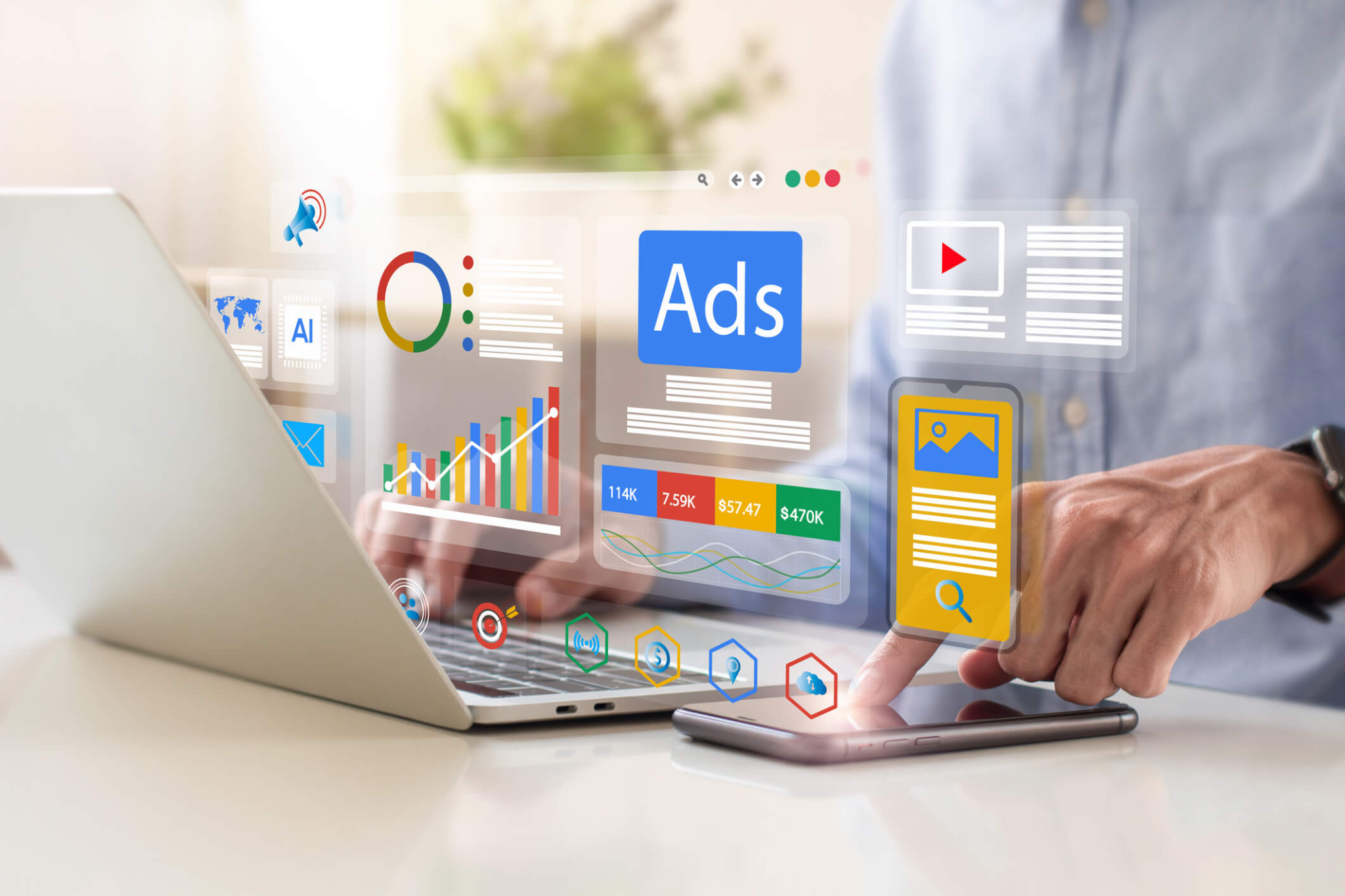 Painel de anúncios do Google Ads com métricas